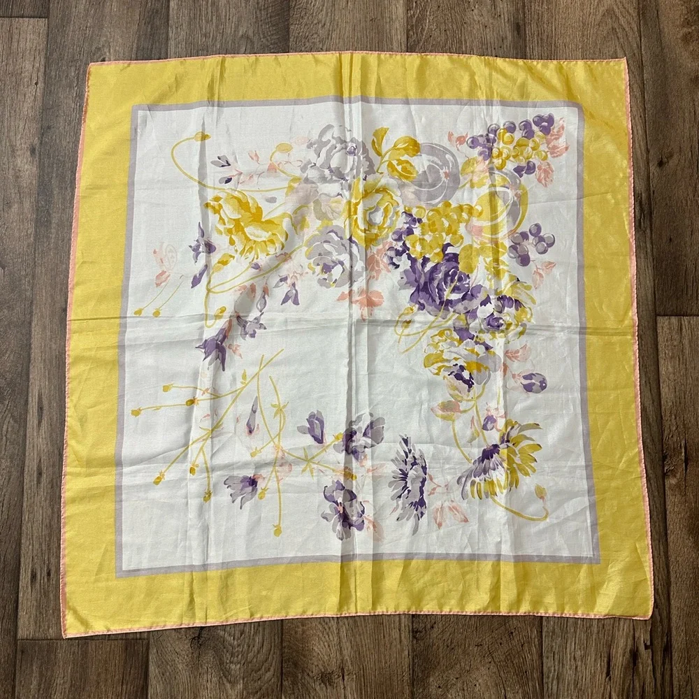 Vintage Floral Scarf Made in Korea Flowers Yellow Purple